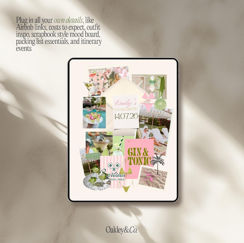 May include: A digital mood board template featuring a collage of bachelorette party imagery, including cocktails, beach scenes, and swimwear. The center displays text reading Emily's Bachelorette 14.07.26 and Gin & Tonic. The layout includes an envelope graphic.