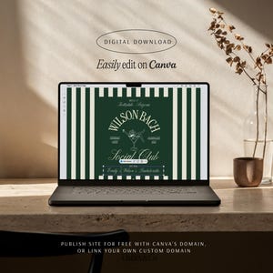 Puede incluir: Una computadora port&aacute;til muestra un dise&ntilde;o verde y blanco para una despedida de soltera. El dise&ntilde;o incluye el texto "Wilson Bach Social Club" y "Emily Wilson's Bachelorette". Tambi&eacute;n se ven las palabras "Digital Download" y "Easily edit on Canva".