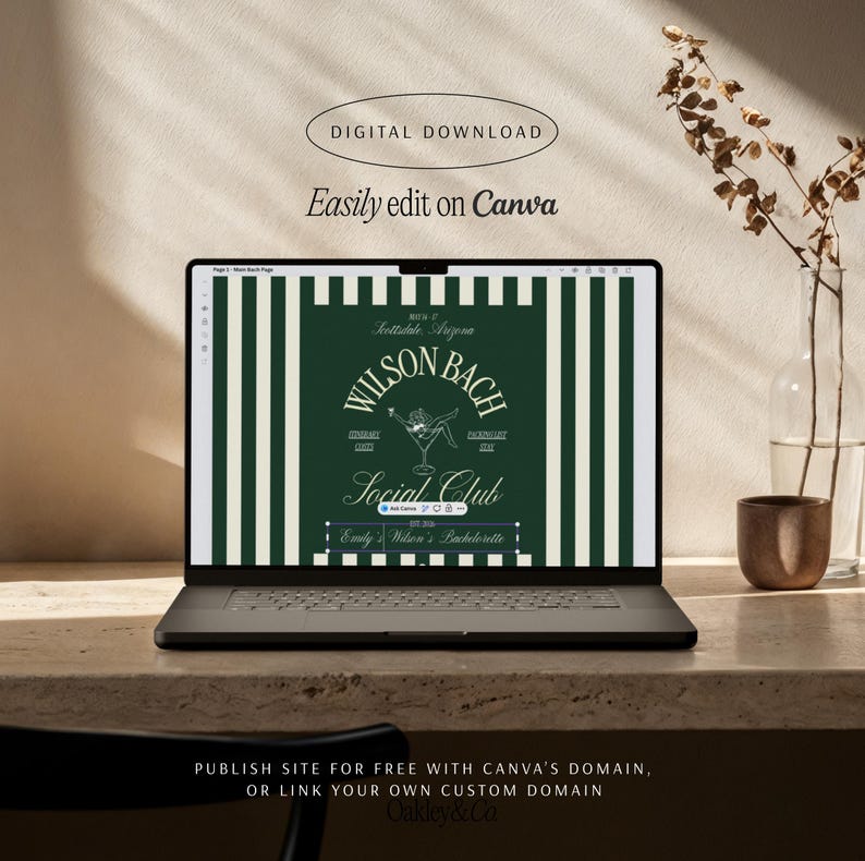 Puede incluir: Una computadora port&aacute;til muestra un dise&ntilde;o verde y blanco para una despedida de soltera. El dise&ntilde;o incluye el texto "Wilson Bach Social Club" y "Emily Wilson's Bachelorette". Tambi&eacute;n se ven las palabras "Digital Download" y "Easily edit on Canva".
