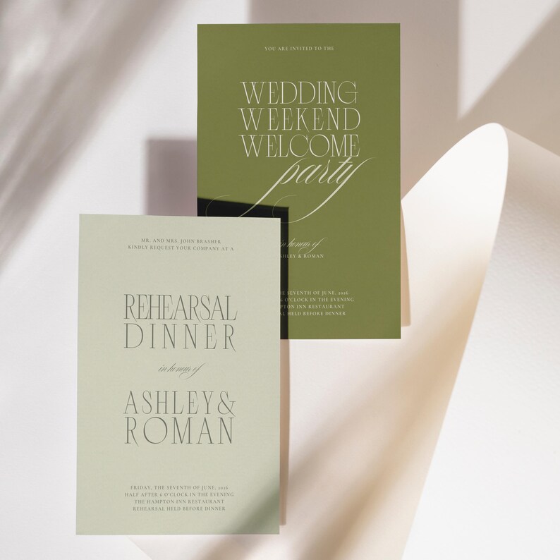 Botanical Green Invitation Design Wedding Template Collection Rehearsal Dinner Card Printable Canva Editable Format Digital Download Welcome Party Stationery Custom Bridal Weekend Event Garden Theme Elegant Typography Olive Cream Colors