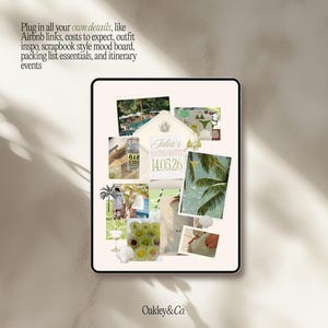 May include: A digital scrapbook-style mood board featuring a central envelope graphic with the text Julia's Bachelorette 14.05.26. The layout includes various photos of palm trees, cocktails, swimwear, and beach scenes arranged on a light background.