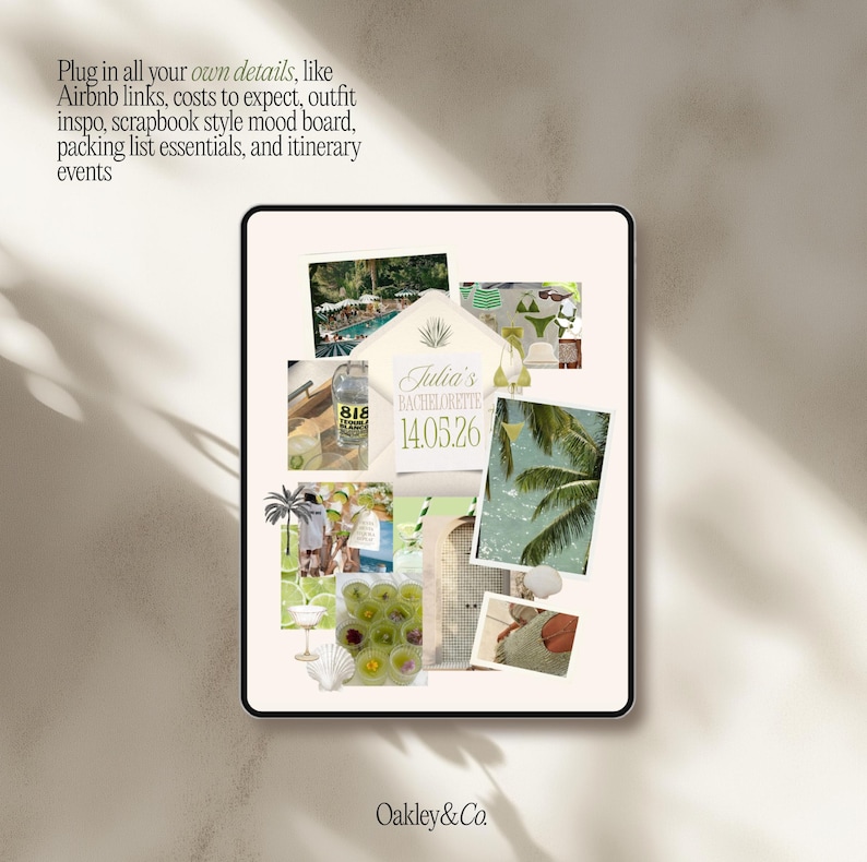 May include: A digital scrapbook-style mood board featuring a central envelope graphic with the text Julia's Bachelorette 14.05.26. The layout includes various photos of palm trees, cocktails, swimwear, and beach scenes arranged on a light background.