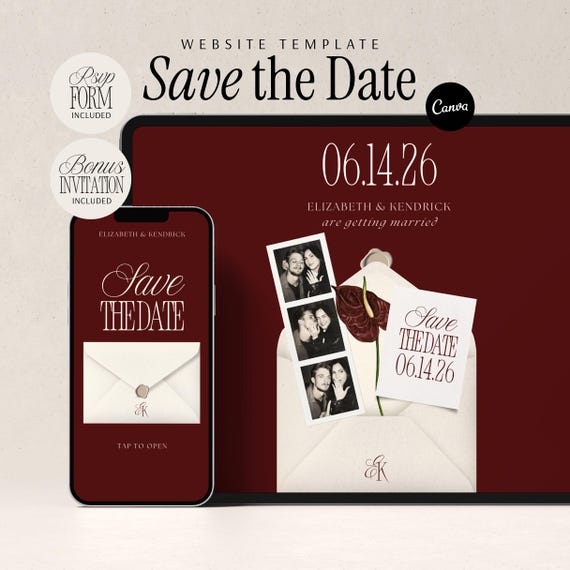 Burgundy Save the Date Invitation with RSVP Form Old Money Website Template Modern Minimalist Wedding Design Elegant Digital Save Date