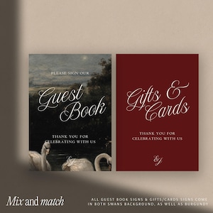 Burgundy Wedding Signs Collection Swans Oil Painting Artwork Design Editable Guest Book Sign Template Gifts Cards Signage Set Digital Download Printable Wedding Reception Romantic Vintage Style Customizable Canva Template Classic Elegant