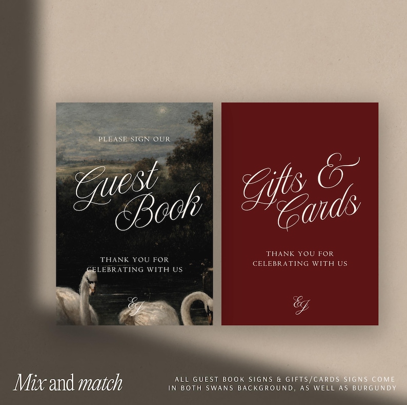 Burgundy Wedding Signs Collection Swans Oil Painting Artwork Design Editable Guest Book Sign Template Gifts Cards Signage Set Digital Download Printable Wedding Reception Romantic Vintage Style Customizable Canva Template Classic Elegant