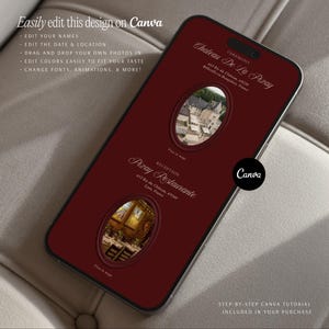 May include: A smartphone displaying a dark red digital wedding invitation template with two oval photo frames. The text reads Ceremony, Chateau De La Pizay, 443 Rte du Chateau, 69220 Belleville-en-Beaujolais, France, Reception, Pizay Restaurante, 413 Rte du Chateau, 69220 Lyon, France.