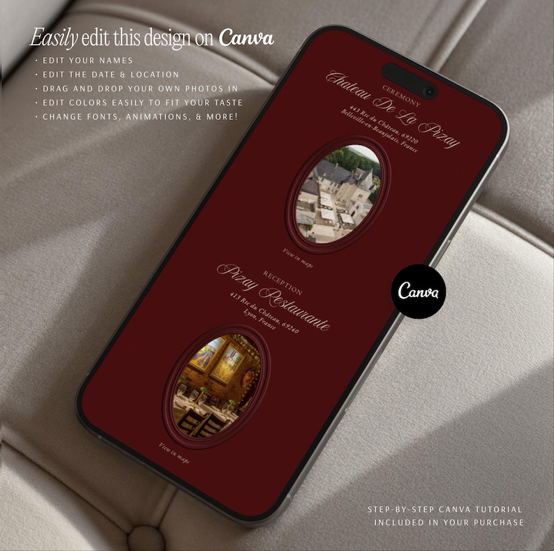 May include: A smartphone displaying a dark red digital wedding invitation template with two oval photo frames. The text reads Ceremony, Chateau De La Pizay, 443 Rte du Chateau, 69220 Belleville-en-Beaujolais, France, Reception, Pizay Restaurante, 413 Rte du Chateau, 69220 Lyon, France.