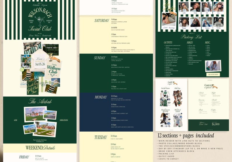 Preppy Bachelorette Organizer Template Canva Website Design Digital Download Bach Weekend Planner Complete Party Coordination Tool Green Theme Matching Invitation Suite Itinerary Template Packing List Guide Cost Planning Pages Golf Winery