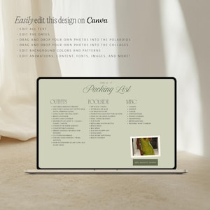 May include: A digital packing list template displayed on a laptop screen with a sage green background. The text includes sections for outfits, poolside items, and miscellaneous gear, featuring a small polaroid-style photo of a lime green dress.