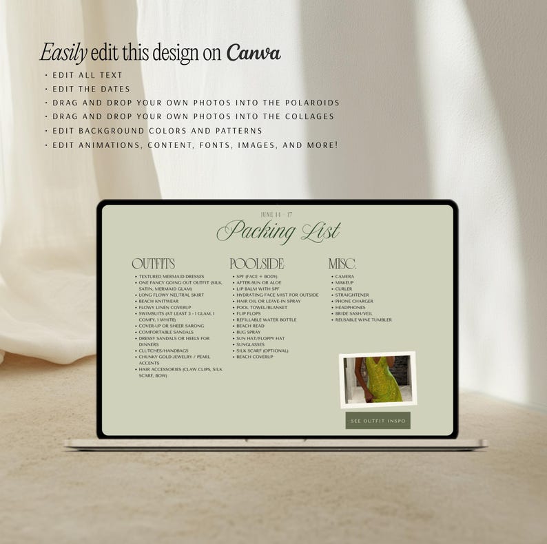May include: A digital packing list template displayed on a laptop screen with a sage green background. The text includes sections for outfits, poolside items, and miscellaneous gear, featuring a small polaroid-style photo of a lime green dress.