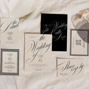Black Tie Wedding Invitation Canva Template Editable Digital Bundle Calligraphy Script Design Modern Elegant Style Complete Suite Package RSVP Card Details Insert Diamond Pattern Border Romantic Classic Timeless Perfect Instant Download