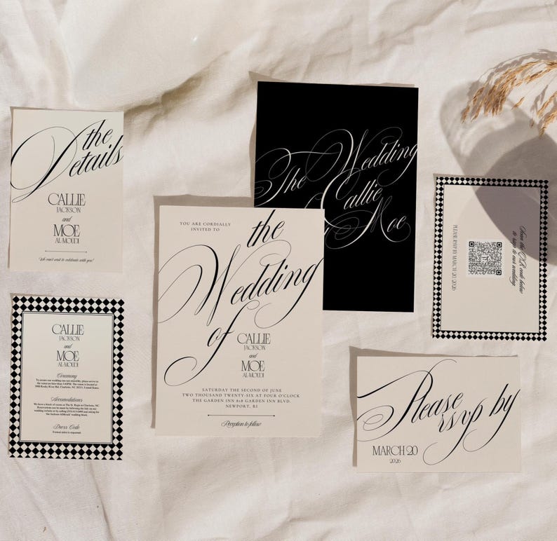 Black Tie Wedding Invitation Canva Template Editable Digital Bundle Calligraphy Script Design Modern Elegant Style Complete Suite Package RSVP Card Details Insert Diamond Pattern Border Romantic Classic Timeless Perfect Instant Download