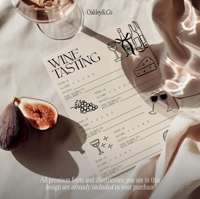 Girls Night Activity Wine Tasting Scorecard Template Printable Canva Download Digital File Entertaining Party Planning Cocktail Event Essential Rating System Journal Notes Section Hand Drawn Illustrations Elegant Design Old Money Aesthetic