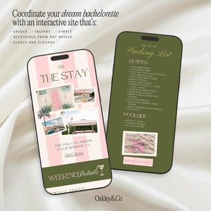 Canva Digital Template Bachelorette Party Website Planner Editable Pages Instant Download Itinerary Schedule Organizer Packing List Accommodation Guide Section Preppy Pink Green Bikini Martini Theme Design Bridal Event Planning Pages