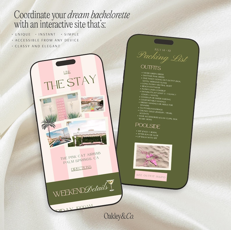 Canva Digital Template Bachelorette Party Website Planner Editable Pages Instant Download Itinerary Schedule Organizer Packing List Accommodation Guide Section Preppy Pink Green Bikini Martini Theme Design Bridal Event Planning Pages
