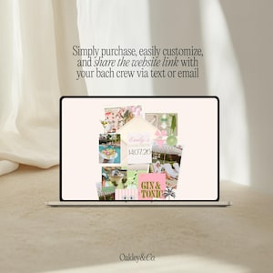 May include: A laptop screen displaying a digital collage of bachelorette party imagery, including photos of cocktails, a pool, and a pink card with the text Emily's Bachelorette 14.07.26. The screen also features a Gin & Tonic graphic and an envelope.