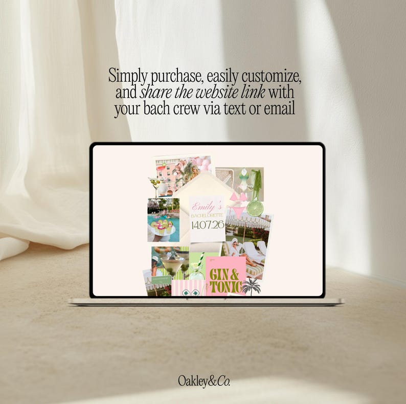 May include: A laptop screen displaying a digital collage of bachelorette party imagery, including photos of cocktails, a pool, and a pink card with the text Emily's Bachelorette 14.07.26. The screen also features a Gin & Tonic graphic and an envelope.