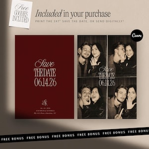 May include: A digital save the date template featuring a deep red background with white text reading Save The Date 06.14.26, Elizabeth & Kendrick, and The 1952 Barn, Charlotte, NC. Includes a photo strip with four black and white candid photos.