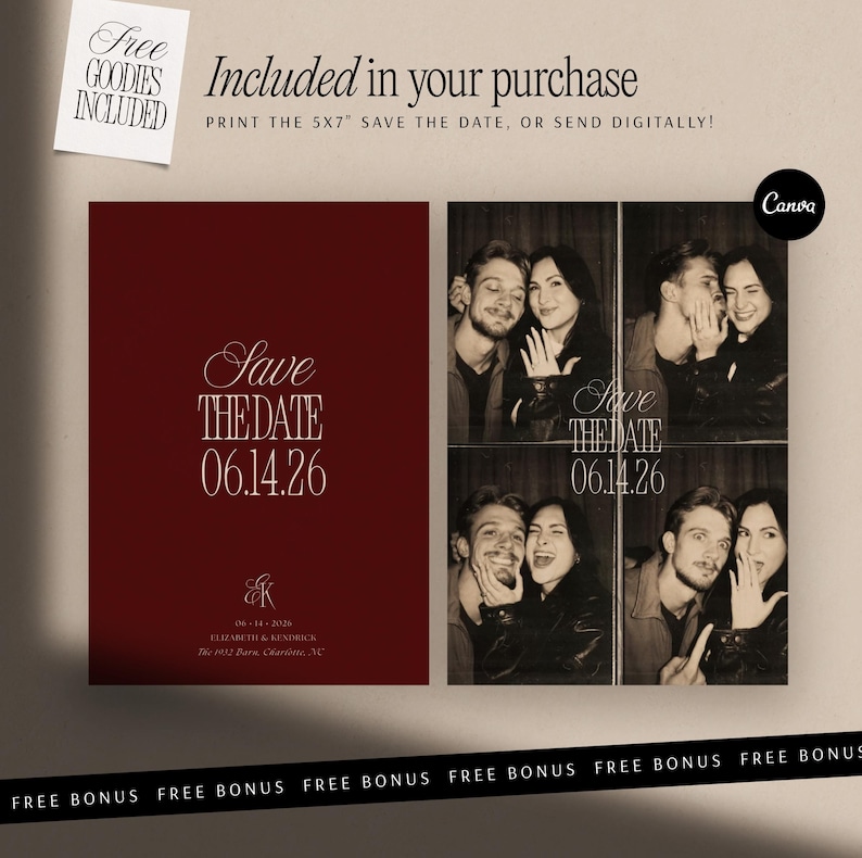 May include: A digital save the date template featuring a deep red background with white text reading Save The Date 06.14.26, Elizabeth & Kendrick, and The 1952 Barn, Charlotte, NC. Includes a photo strip with four black and white candid photos.