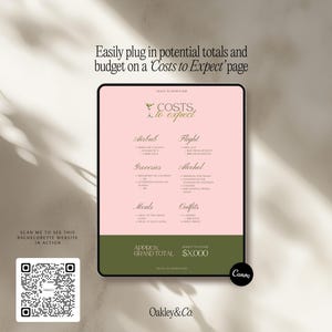 May include: A digital tablet screen displays a Costs to Expect bachelorette budget template with a light pink background and dark green footer. The text includes categories like Airbnb, Flight, Groceries, Alcohol, Meals, and Outfits. A QR code is visible.