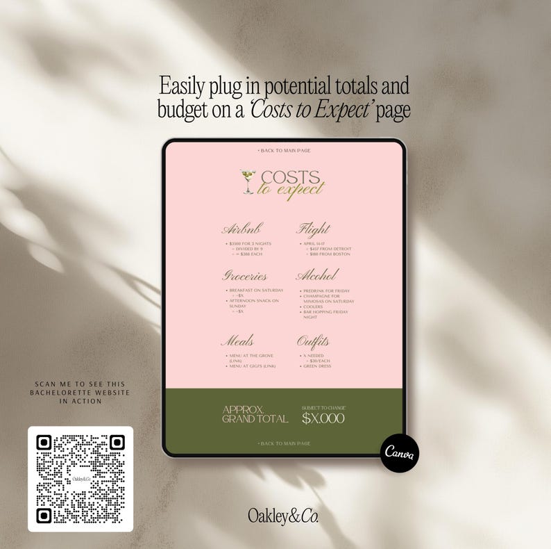 May include: A digital tablet screen displays a Costs to Expect bachelorette budget template with a light pink background and dark green footer. The text includes categories like Airbnb, Flight, Groceries, Alcohol, Meals, and Outfits. A QR code is visible.