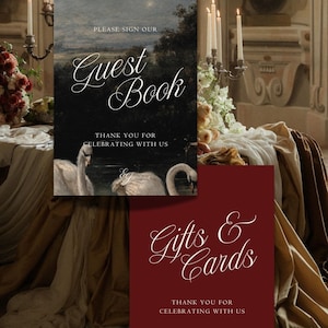 Burgundy Wedding Signs Collection Swans Oil Painting Artwork Design Editable Guest Book Sign Template Gifts Cards Signage Set Digital Download Printable Wedding Reception Romantic Vintage Style Customizable Canva Template Classic Elegant
