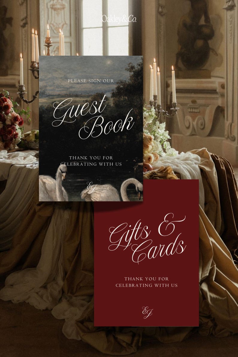 Burgundy Wedding Signs Collection Swans Oil Painting Artwork Design Editable Guest Book Sign Template Gifts Cards Signage Set Digital Download Printable Wedding Reception Romantic Vintage Style Customizable Canva Template Classic Elegant