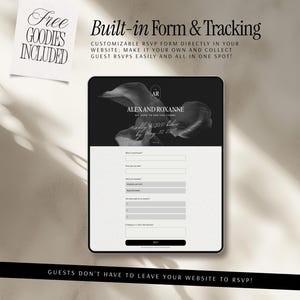 Może przedstawiać: Cyfrowy interfejs formularza potwierdzenia obecności na ślubie z tekstem Built-in Form & Tracking, Alex and Roxanne oraz May 10 2027. Projekt zawiera czarny nagł&oacute;wek z motywem kwiatowym oraz białe pola do wpisywania imion, nazwisk i adres&oacute;w e-mail.