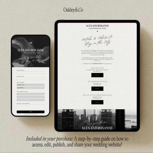 Może przedstawiać: Smartfon i tablet wyświetlające szablon cyfrowej strony internetowej ślubnej od Oakley & Co. Ekrany pokazują tekst dla Alexa i Roxanne, w tym formularz RSVP, szczeg&oacute;ły zakwaterowania w hotelach w Nowym Jorku oraz czarno-białą panoramę miasta.