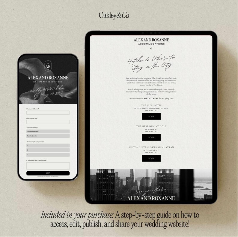 Może przedstawiać: Smartfon i tablet wyświetlające szablon cyfrowej strony internetowej ślubnej od Oakley & Co. Ekrany pokazują tekst dla Alexa i Roxanne, w tym formularz RSVP, szczeg&oacute;ły zakwaterowania w hotelach w Nowym Jorku oraz czarno-białą panoramę miasta.