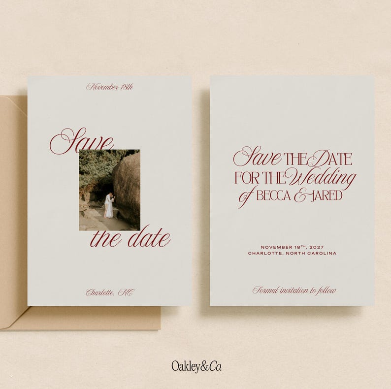 May include: A pair of off-white wedding save the date cards with dark red serif typography. The left card features a square photograph of a person in a white dress near a rock formation. The right card displays the text Save the Date for the Wedding of Becca & Jared, November 18th, 2027, Charlotte, North Carolina.