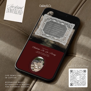 May include: A smartphone displaying a digital wedding invitation with a dark red background, a white lace-bordered schedule, and a photo of Chateau De La Pizay. The screen shows text including Ceremony, Cocktail Hour, and Reception Dinner.
