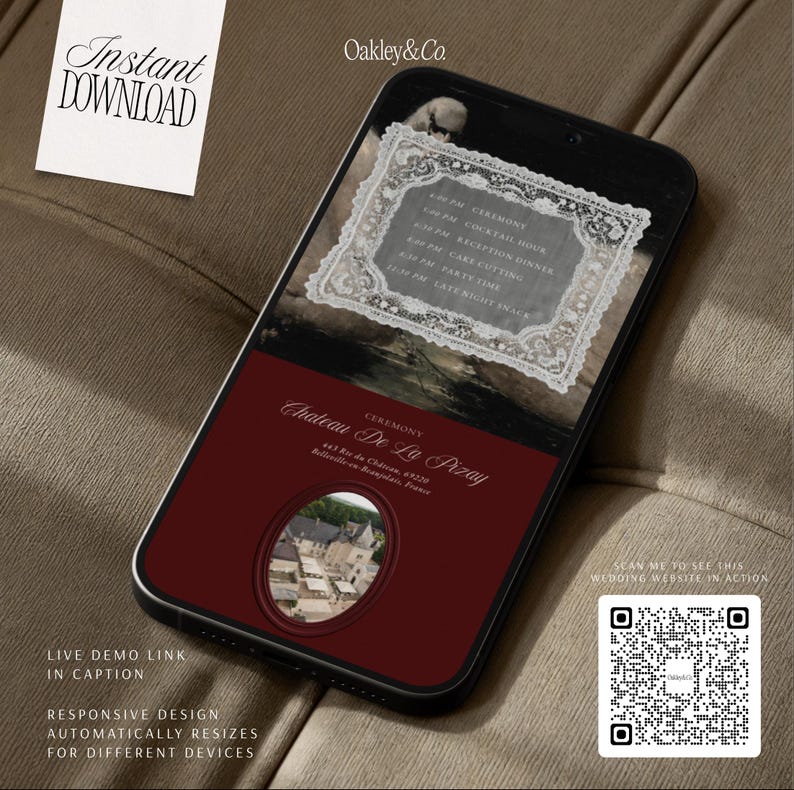 May include: A smartphone displaying a digital wedding invitation with a dark red background, a white lace-bordered schedule, and a photo of Chateau De La Pizay. The screen shows text including Ceremony, Cocktail Hour, and Reception Dinner.