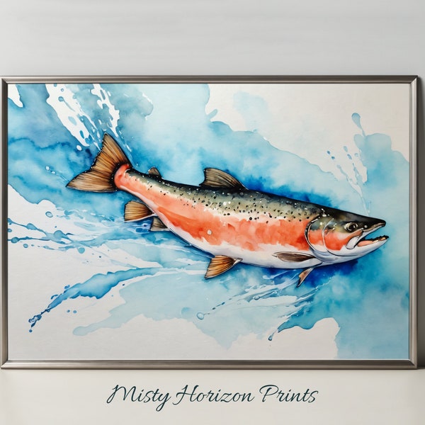 Salmon Splash. Watercolor Painting. Printable Pacific Northwest Lodge Decor. Animal Art. Digital Download Artwork.