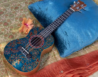 Custom Hand Painted Ukulele, 23 Inch Concert Size, Unique Floral Design.