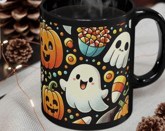 Halloween Ghost Pumpkins Candy Corn Black Mug, Retro Candy, Spooky Party Gift, Trick or Treat, Coffer Lover, Decor Cup, Teacher Gift, Spooky