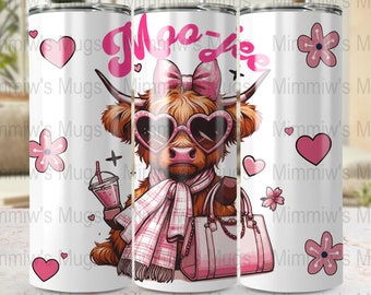 Highland Cow Pink Coquette Moo-Jee Straight Tapered PNG Digital Download, Cute Cow Hearts and Flowers, Commercial Use Digital Tumbler Wrap