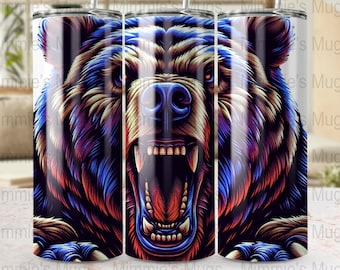 Grizzly Bear Digital Art, Neon Roaring Bear Tumbler Wrap, 20 oz Skinny Tumbler Sublimation, Straight and Tapered PNG, Commercial Use,