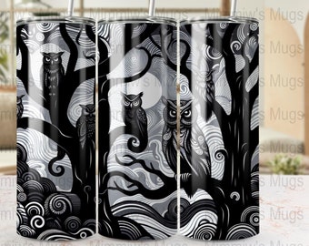 Owl Tumbler Sublimation Design, Black and White Owl PNG, Digital Download, Straight Tapered, Commercial Use, Halloween, Birthday Christmas