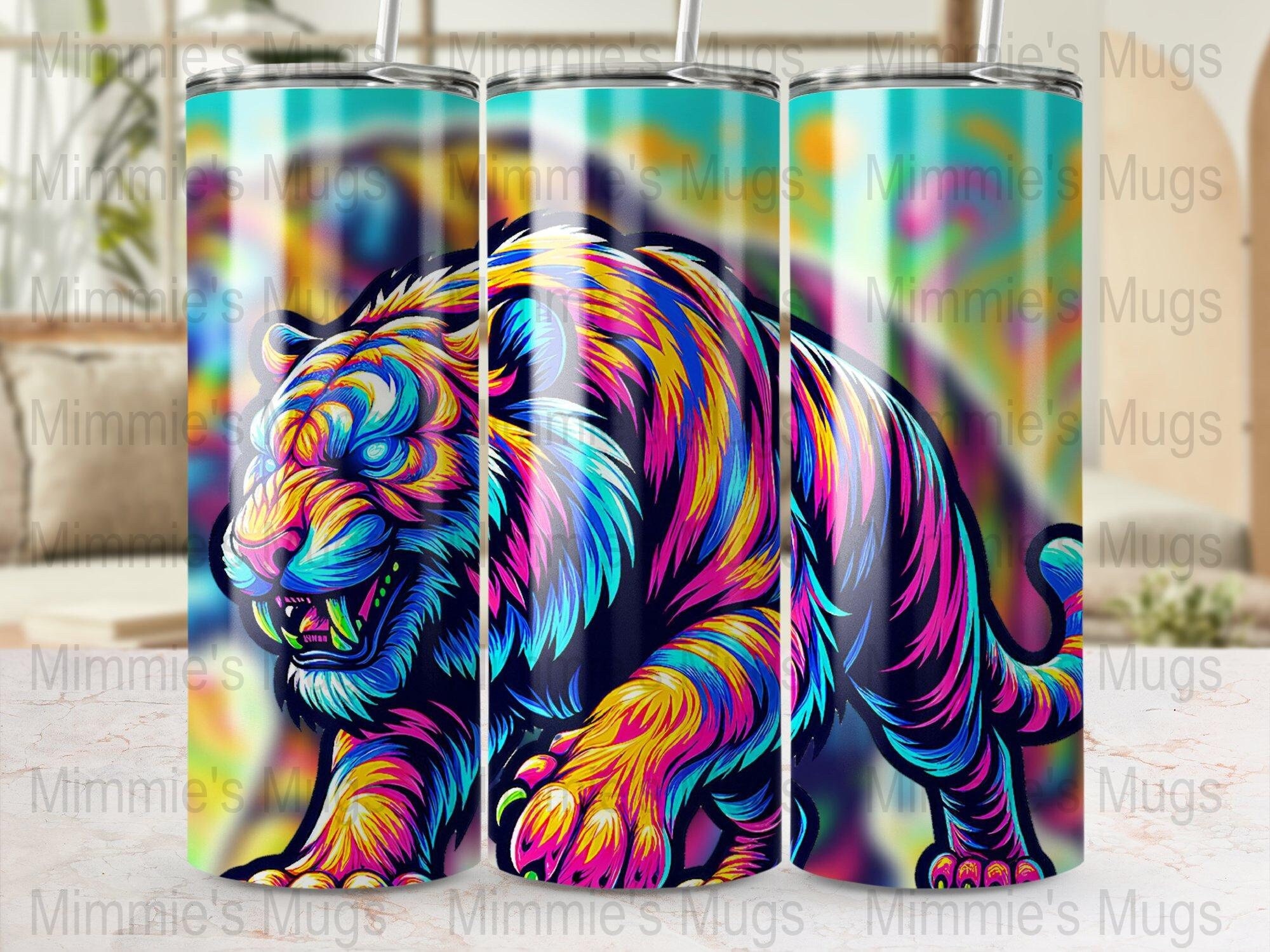 Sabertooth Tiger Vibrant Neon Digital Art, 20 oz Skinny Tumbler Wrap, Colorful Animal Print, Commercial Use, Straight or Tapered, PNG File