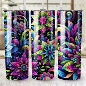 May include: Three stainless steel tumblers with a colorful floral pattern. The pattern features bright pink, blue, green, and yellow flowers on a black background.