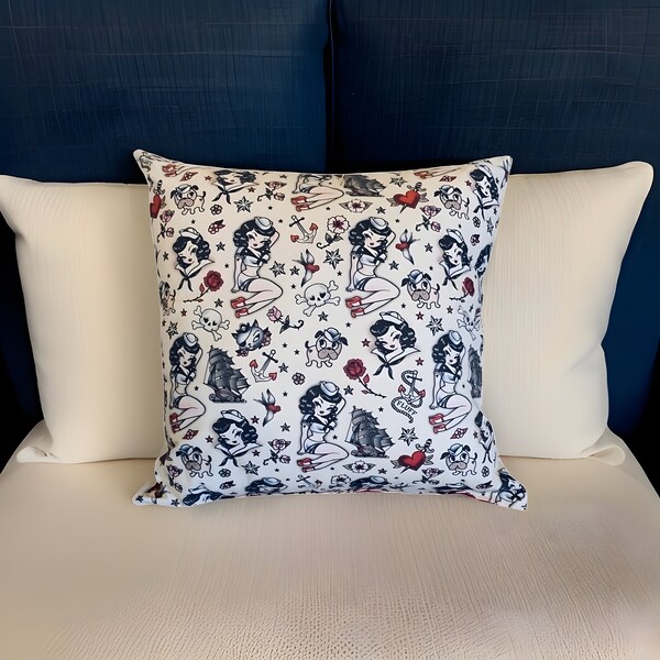 Vintage Inspired American Traditional Tattoo Inspired Sailor Pin Up Girl Custom Made Throw Pillow
