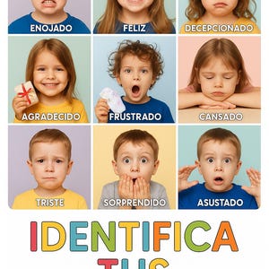 May include: A colorful poster with nine images of children expressing different emotions: angry, happy, disappointed, grateful, frustrated, tired, sad, surprised, and scared. The text "IDENTIFY YOUR EMOTIONS" is at the bottom.