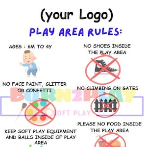 以下が含まれることがあります： 6 か月～4 歳の子供のための遊び場のルールです。  ルールには、靴を履かないこと、顔に絵を描くこと、キラキラや紙吹雪を使用しないこと、門に登らないこと、遊び場の中に食べ物を持ってこないことが含まれます。  柔らかい遊具とボールは遊び場の中に置いてください。