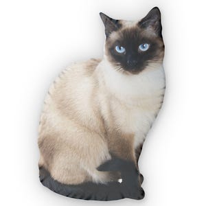 May include: A plush toy shaped like a Siamese cat. The cat is sitting with its paws tucked under its body. It has a light brown and white coat with blue eyes.