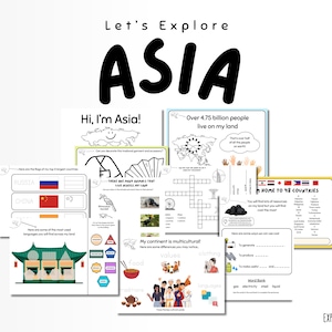 Peut inclure: Plusieurs feuilles de travail éducatives avec le titre "Let's Explore ASIA" en noir. Les feuilles de travail couvrent des sujets tels que la population, les drapeaux, les animaux et les aspects culturels de l'Asie. L'image inclut le mot "EXPLORABLES."