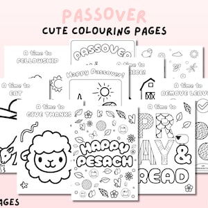 May include: A collection of ten black and white coloring pages with the text "Passover Cute Colouring Pages". Each page features line art illustrations and phrases like "A time to Eat" and "Happy Pesach".