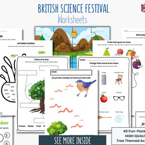 May include: A set of 10 printable worksheets for kids featuring a British Science Festival theme. The worksheets include activities like counting worms, identifying parts of a tree, and matching rhyming words. The worksheets are colorful and engaging, making learning fun for children.
