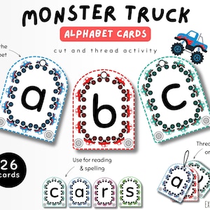 May include: Alphabet cards with monster truck illustrations. The cards feature the letters a, b, and c, with a monster truck design around the edges. The text on the cards says "Monster Truck Alphabet Cards" and "Learn the alphabet".