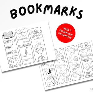 May include: Black and white printable bookmarks with various designs, including books, a butterfly, and a trophy. The text on the bookmarks includes "Let's read books!" and "READ!!!!". The image also includes a red circle with the text "With 7 bookmark templates".